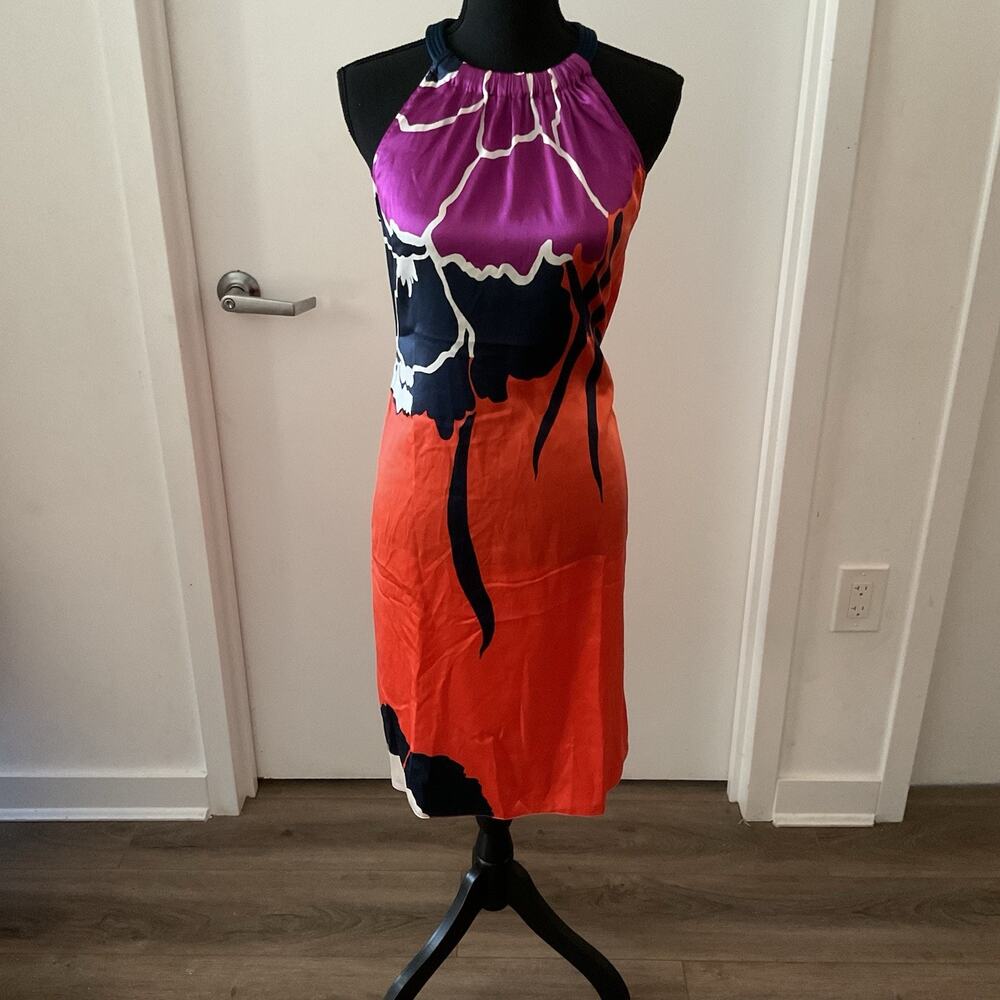 Elie Tahari 100% Silk Abstract Floral Halter Shift Dress Orange Purple V- Back M